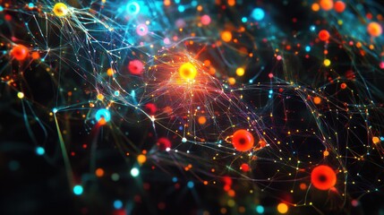 Abstract colorful network of glowing particles and lines.