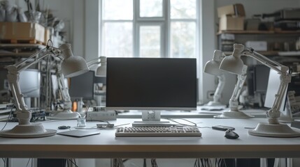 A sleek computer monitor and a keyboard are positioned neatly on a contemporary desk within a modern room setting.