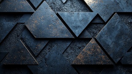 A high-tech, dark background featuring interlocking triangular blocks that create a geometric pattern