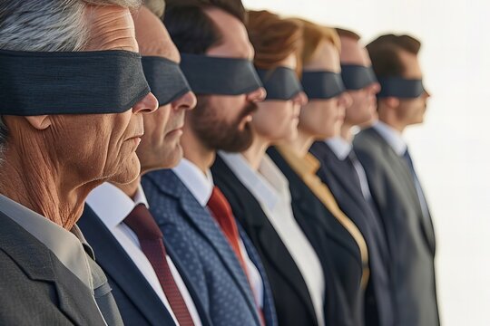 Blindfolded Business Professionals on White Background