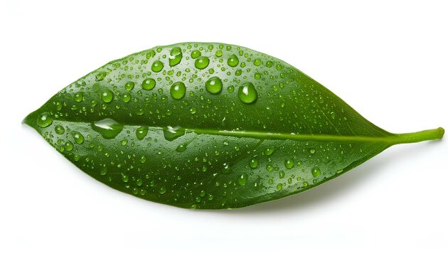 green leaf with water drops isolated on white background.