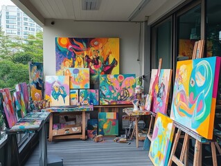 Fototapeta premium Paintings canvases and supplies are scattered around an outdoor studio space