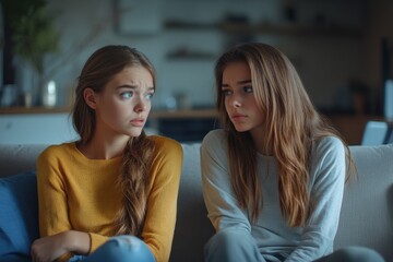 Upset quarreled woman and girl sit on sofa in living room look back at each other, mother and teenage daughter after family quarrel, Generative AI