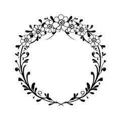 A delicate botanical wreath, a circle composed of black line art, of flowers and leaves, on a white background