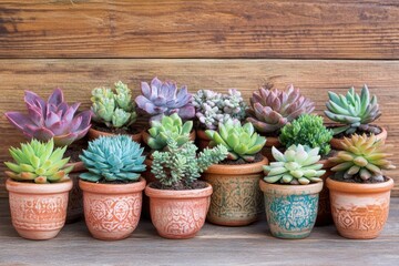 Fototapeta premium A variety of succulents displayed in clay pots, arranged aesthetically on a rustic wooden surface, showcasing their unique shapes and colors.