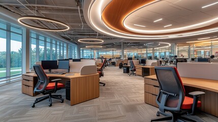 Modern office with open layout, ergonomic chairs, and wooden desks, showcasing a focus on comfort and productivity