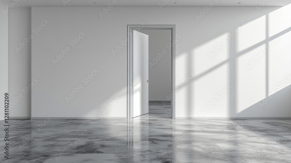Poster An open door leads to an expansive room where soft sunlight streams through, casting gentle shadows on polished marble floors. The simplicity evokes calmness and potential