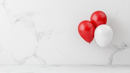 Red and white balloons against marble wall