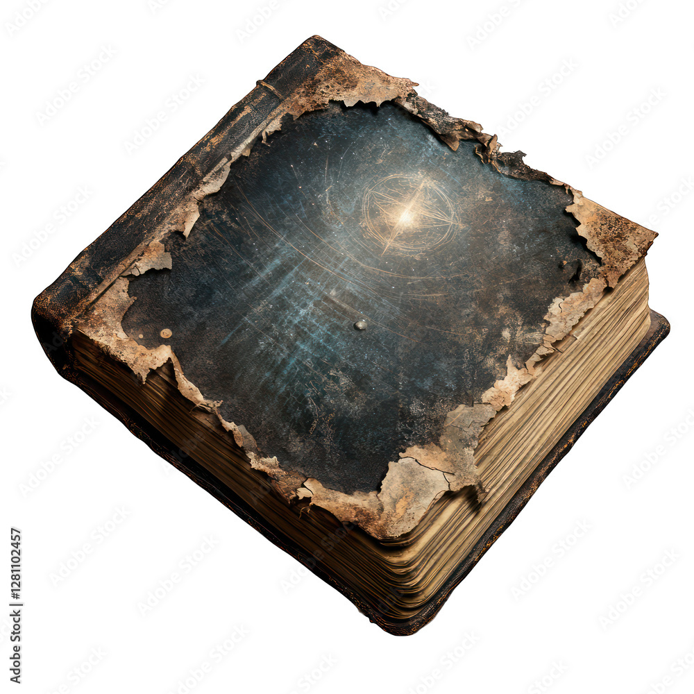Poster torn and haunted celestial book of forbidden knowledge isolated on transparent background