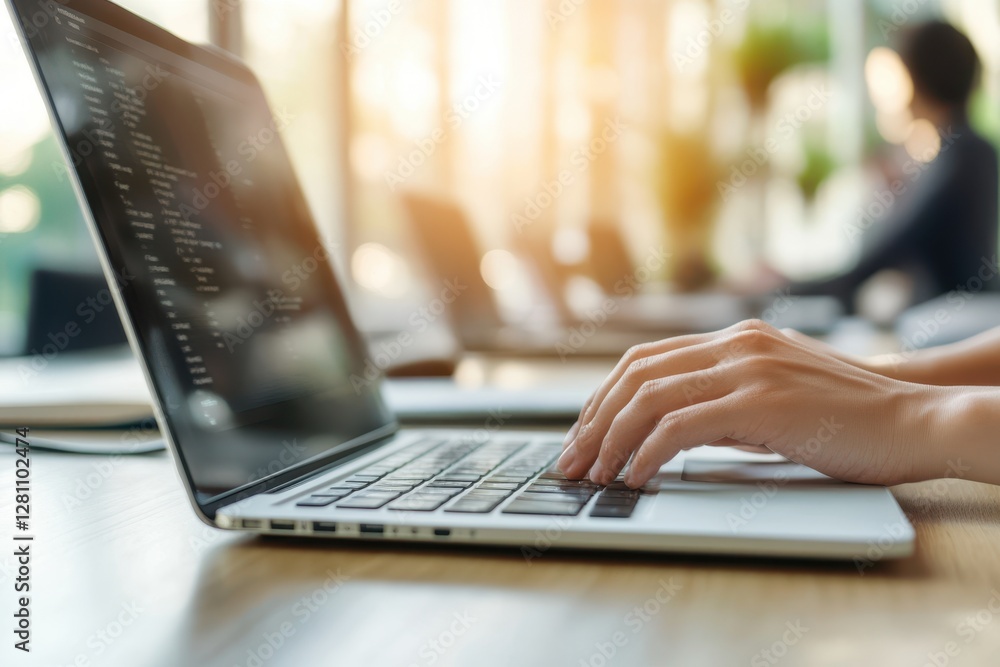 Poster a person is engaged in typing on a laptop, positioned on a wooden table, showcasing a workspace sett