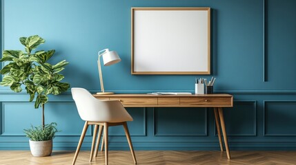 A stylish desk features a modern lamp and a decorative picture frame, creating an inviting workspace ambiance.