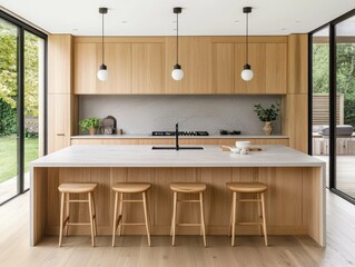 A modern kitchen with light wood and fixtures