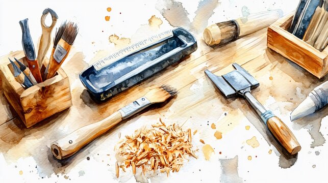 Watercolor Painting of Woodworking Tools and Swarf Wood Shavings