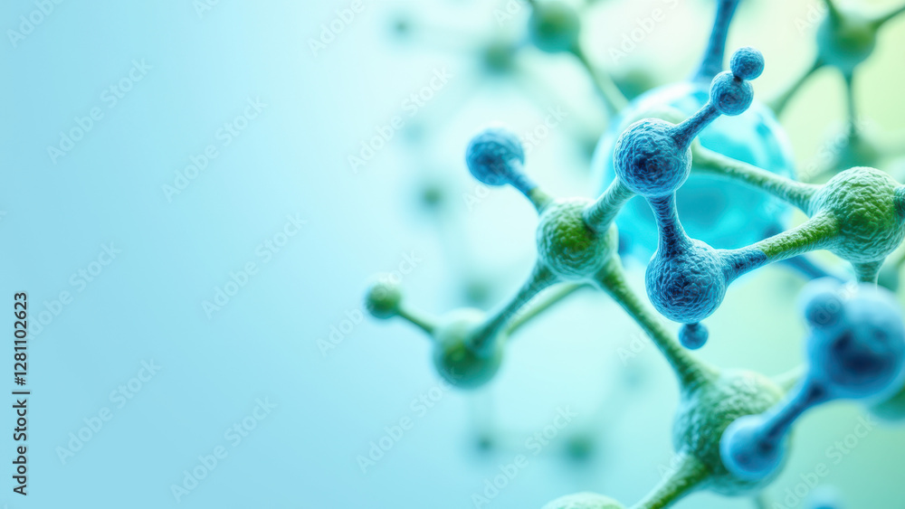 Poster a detailed microscopic view of a molecule of semaglutide, showcasing its structure and complexity.