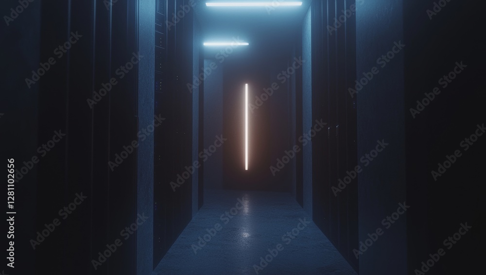 Poster a server room filled with rows of computer racks is characterized by its dark tech ambiance, where a
