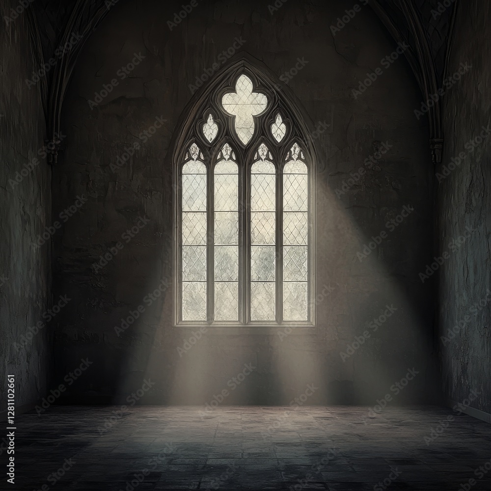 Poster a dark room with an empty bench positioned in front of a window, which is the sole source of light