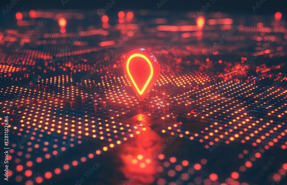 Poster a digital map interface displays a red location marker with a blurred city landscape in the backgrou