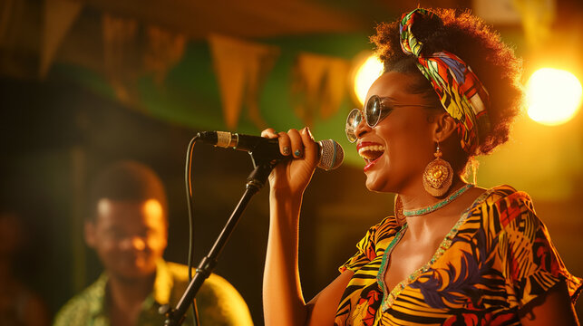 Brazilian singer performing energetically on stage.