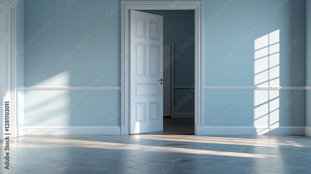 Poster bright daylight pours in through an open door, casting gentle shadows on the wooden floor of a seren