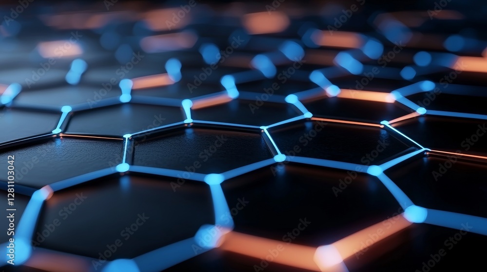 Poster high-tech innovation and communication depicted through abstract futuristic hexagons and circuit boa