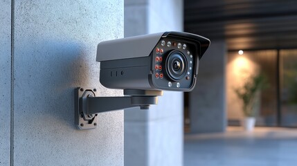 A modern security camera mounted on a wall, designed for surveillance in a contemporary architectural setting.