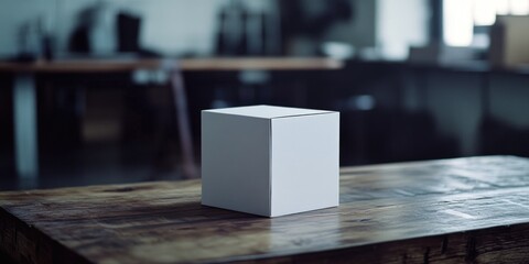 A simple white box sits on a work table, suggesting a modern and creative industry, possibly related to 3D printing or digital design.