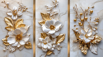 3D luxury floral bouquet on a marble background, with golden leaves and flowers, white petals, and gold pearls