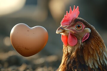 A chicken gazing at an egg shaped like a heart