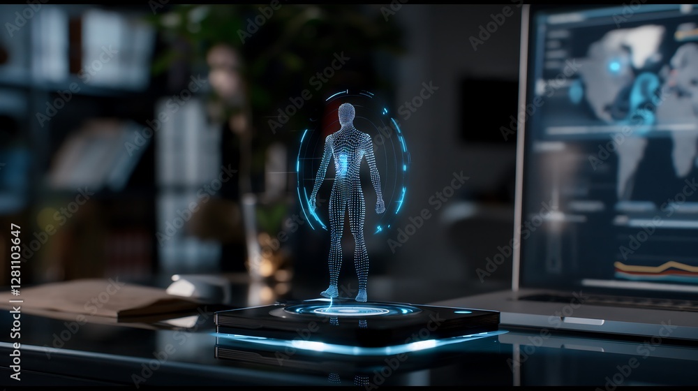 Poster a futuristic ai agent displayed as a glowing humanoid hologram in an office, analyzing real-time bus