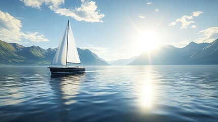 Elegant Black Sailboat with White Sails on Serene Ocean Surface
