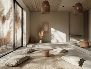Modern Neutral Space with Large Glass Windows And Cushions