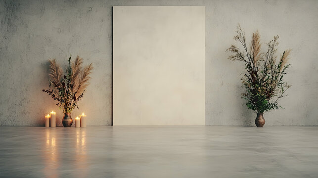 Blank canvas mockup, pampas grass, candles, concrete wall, interior design