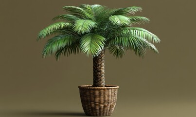 Obraz premium Lush indoor palm tree in a woven basket against a neutral backdrop, enhancing home decor