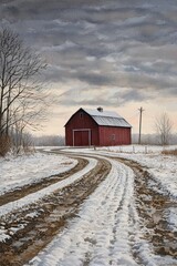 An idyllic rural scene where a red barn is enveloped by lush green grass and a beautiful sky