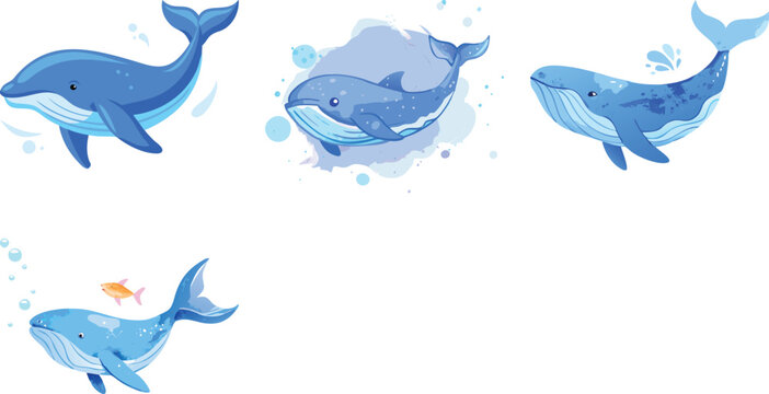 Blue wheal big fish watercolor vector art design white background 