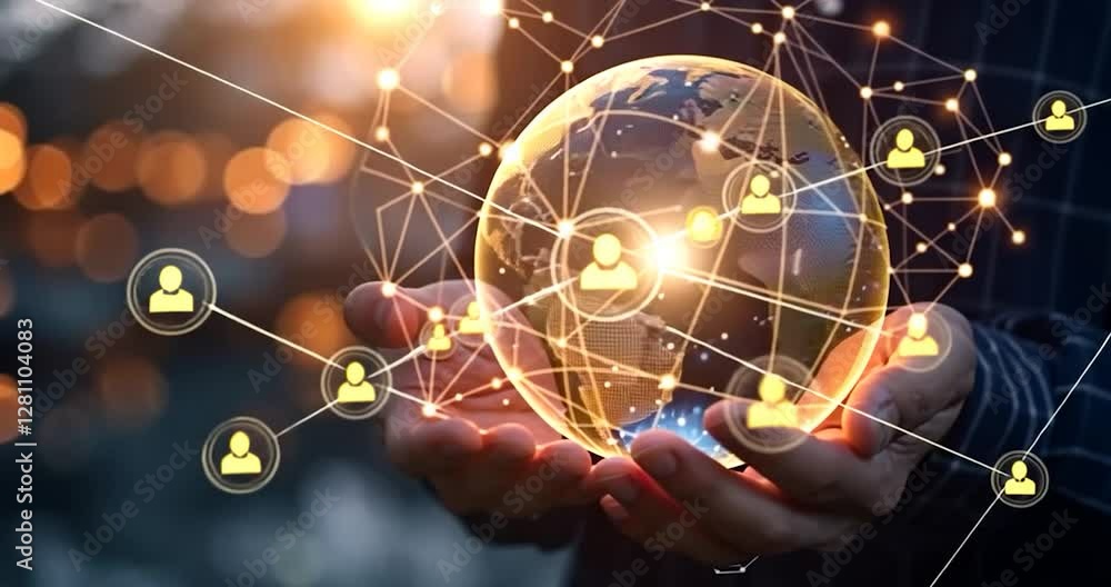 Aufkleber Hand holding a glowing globe with connecting lines and dots in a blurred background