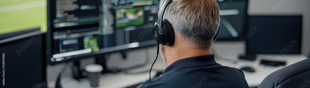 Poster person wearing headphones working in front of multiple computer monitors in an office environment