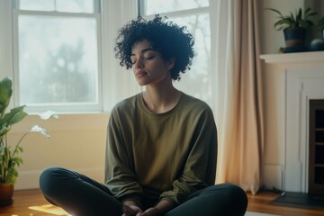 Young woman with curly hair meditating in a cozy home environment, wearing a relaxed outfit, exuding calmness and tranquility