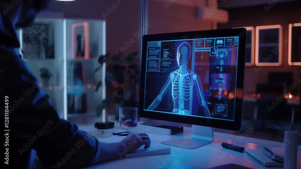 Poster a futuristic ai agent displayed as a glowing humanoid hologram in an office, analyzing real-time bus