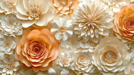 3D paper art of large flowers in various shades of beige and peach, arranged to create an abstract floral pattern