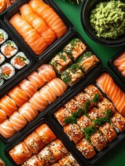 Assorted sushi variety featuring fresh salmon, colorful rolls, wasabi, and vibrant presentation for a delightful culinary experience and gourmet dining