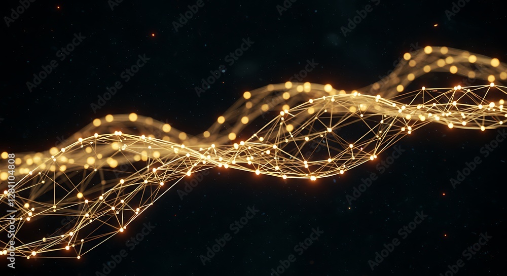 Poster abstract golden network connecting dots on dark background for technology concepts