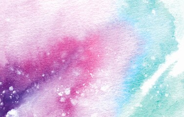 Abstract bright colorful background of watercolor spots and stains, hand drawn illustration for banner, wallpaper, packaging, wrapping paper, cold winter colors, pink, violet and turquoise mix