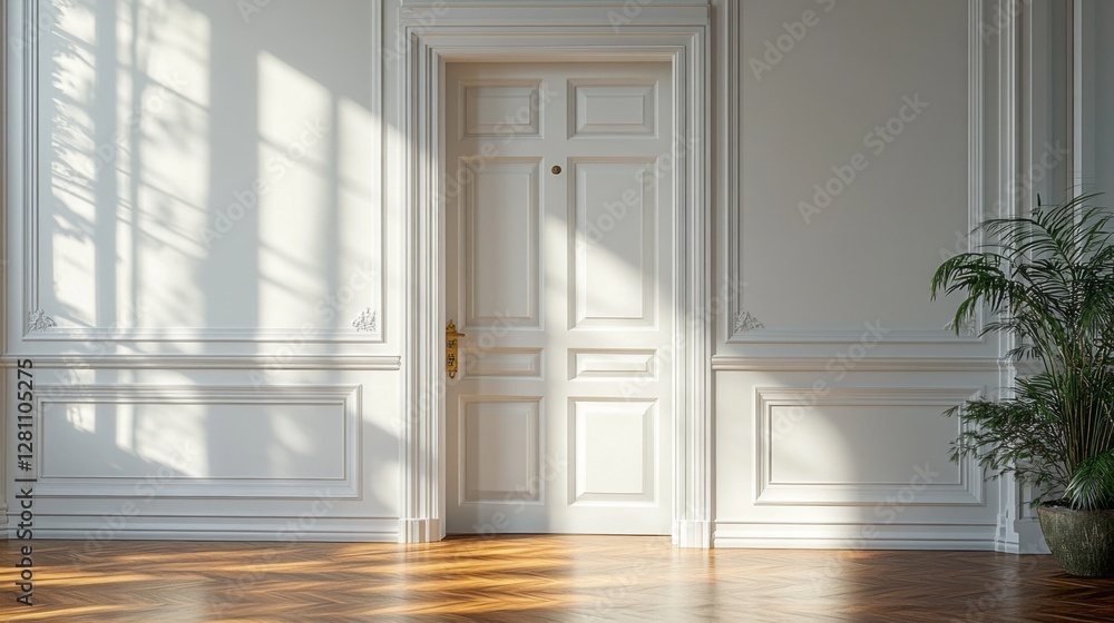 Poster sunlight casts soft shadows on polished wooden floors as an open door reveals a hint of mystery beyo