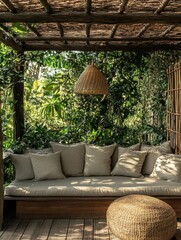 Obraz premium A serene outdoor lounge area surrounded by lush greenery