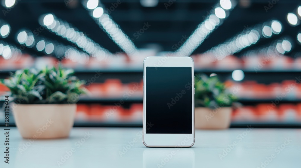 Poster modern smartphone on a table with shelves in the background, representing innovation and connectivit