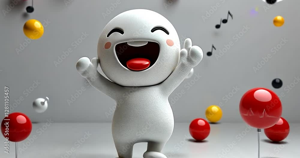 Poster happy smiling cartoon character with red yellow balloons on a white background and music notes