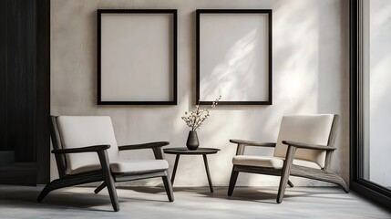 Modern Minimalistic Living Room with Two Blank Frames and Wooden Furniture