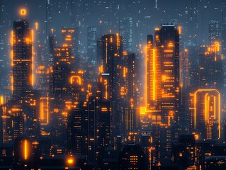 Fototapeta premium Futuristic cityscape showing illuminated buildings at night in the dark