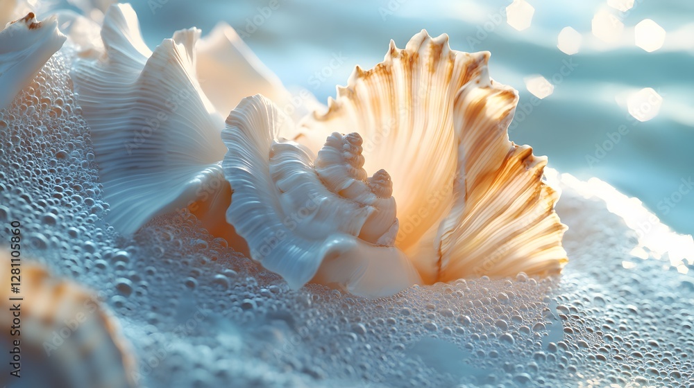 Poster Close-up of seashells nestled in sparkling ocean foam, capturing coastal serenity. Seashells in Sparkling Foam: A Coastal Serenity